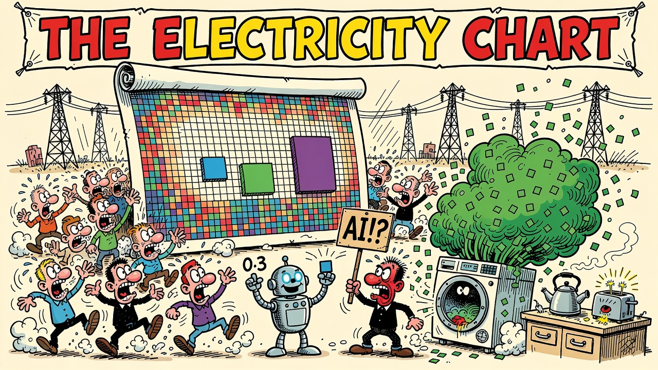Sergio-Aragon&eacute;s-style cartoon: under a banner reading THE ELECTRICITY CHART, a crowd panics in front of a giant poster of colored squares while a tiny cheerful robot holds up one small blue square labeled 0.3 and a red-faced protester waves an AI!? sign, ignoring the clothes dryer beside him erupting a giant cloud of green squares. A kettle and toaster cheer from a kitchen counter; transmission towers sag in the background.