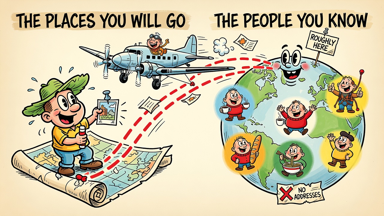Sergio-Aragon&eacute;s-style cartoon in two halves: on the left, under a banner reading THE PLACES YOU WILL GO, a grinning traveler in a floppy green hat stands on an unrolled route map holding up a snapshot while a DC-3 with a goggled pilot tows a red dashed route line off the map; the line arcs across to the right, under a banner reading THE PEOPLE YOU KNOW, onto a smiling globe where friends wave from soft colored circles instead of sharp pins, beside a sign reading ROUGHLY HERE and a card reading NO ADDRESSES with a big red X.