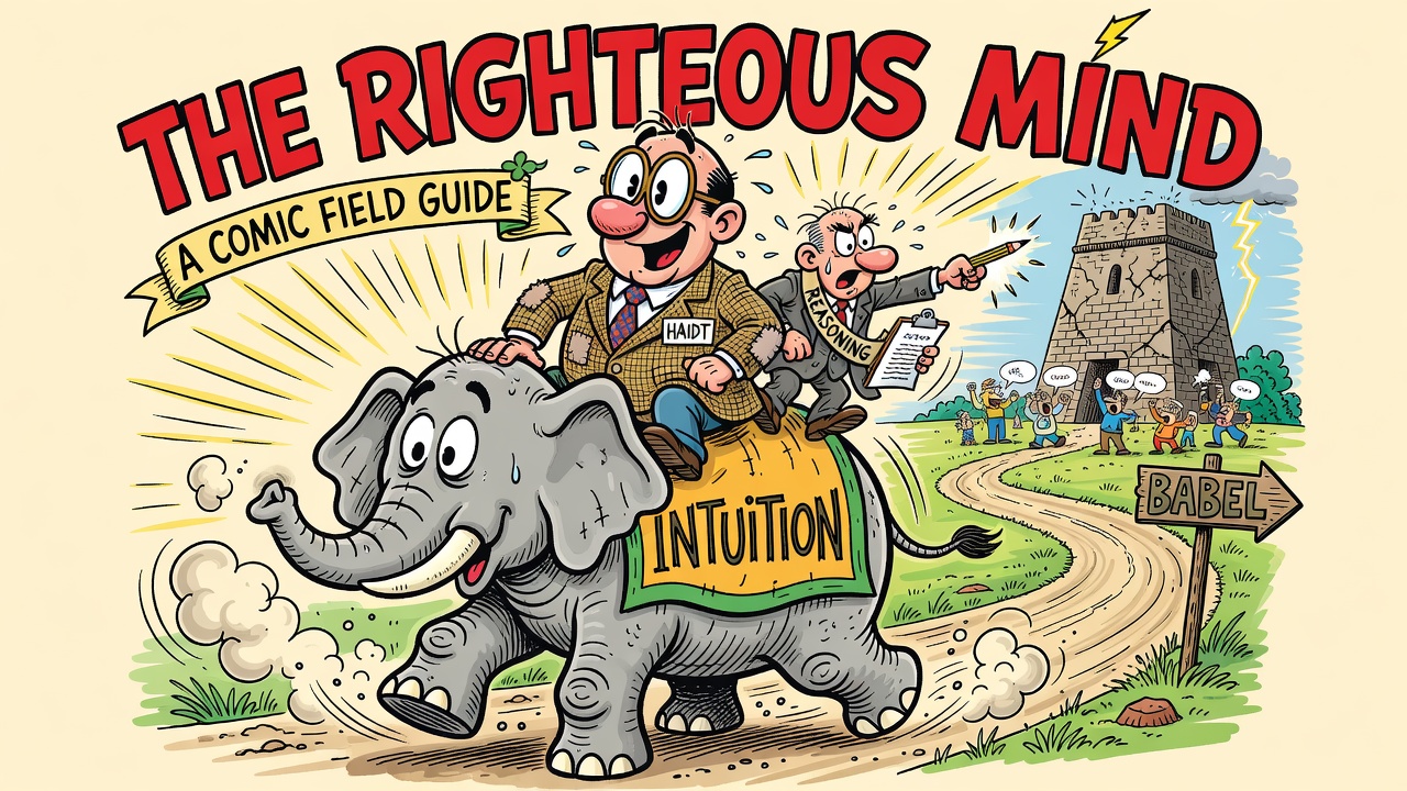 Sergio-Aragon&eacute;s-style cartoon: under a giant hand-lettered THE RIGHTEOUS MIND banner, a cheerful professor labeled HAIDT rides a huge grey elephant labeled INTUITION while a tiny suited rider labeled REASONING points ahead with a pencil; the road winds toward a cracked stone tower and a signpost reading BABEL.
