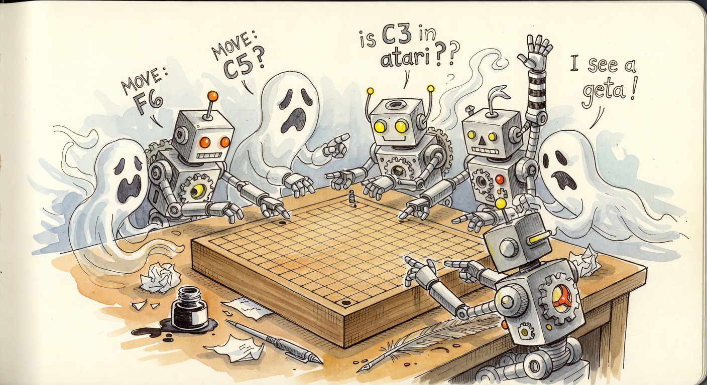 Hand-drawn watercolor of cartoon robots and ghosts crowded around a 9x9 Go board on a desk, each pointing at a different intersection, with floating hand-lettered labels 'MOVE: F6', 'MOVE: C5?', 'is C3 in atari??', and 'I see a geta!'.