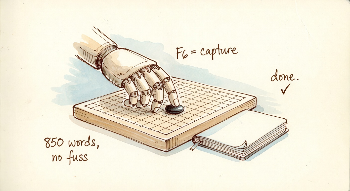 A tidy robot hand placing a single black stone on a board with a small neat notebook reading 'F6 = capture, done.'