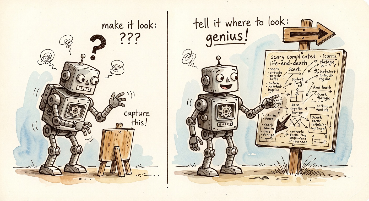 Split panel: a robot fumbling an easy capture on the left, the same robot acing a scary life-and-death on the right because a signpost points at the answer.