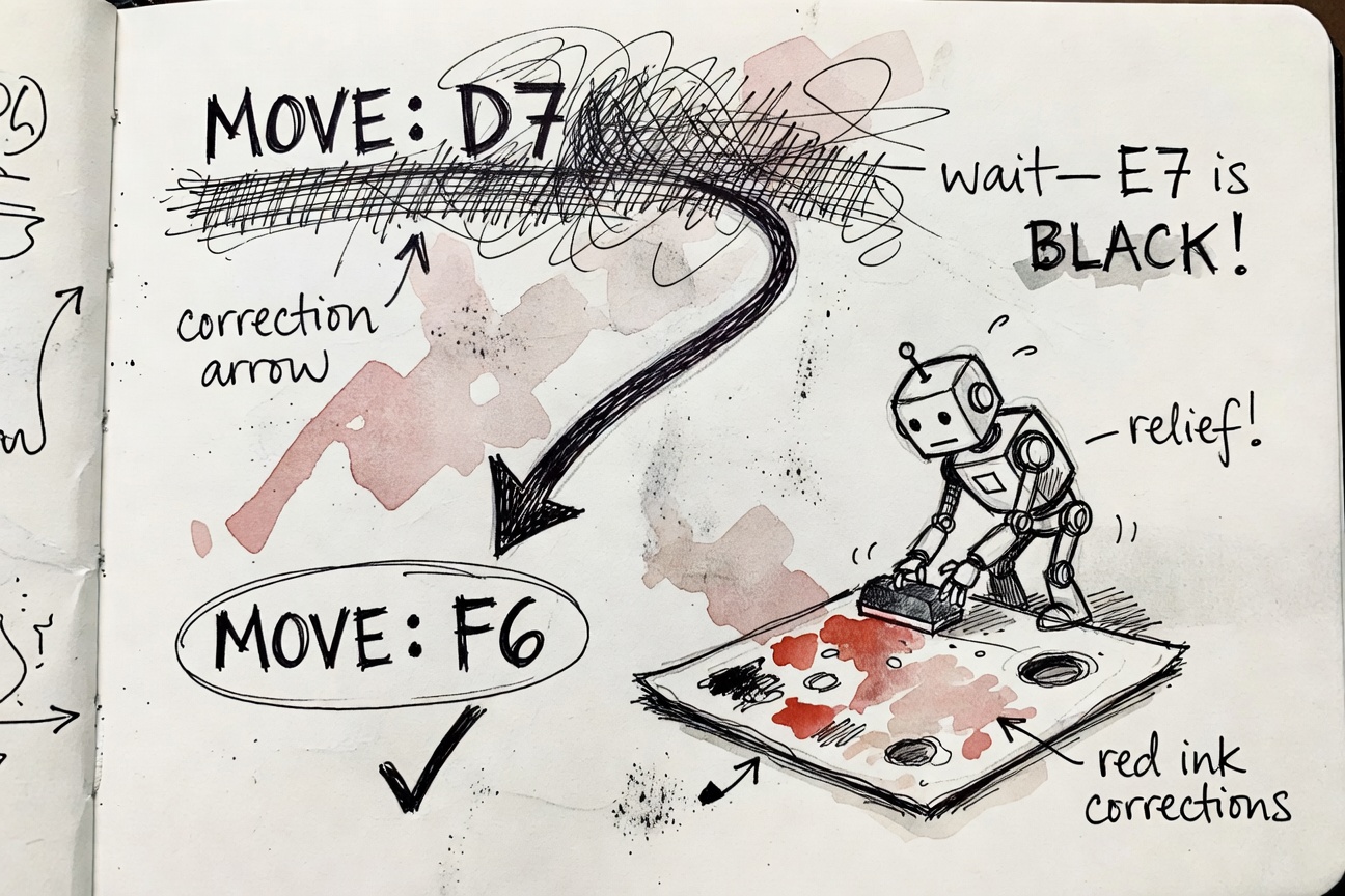 A notebook page where 'MOVE: D7' is crossed out, a margin note reads 'wait — E7 is Black!', and an arrow points to a circled 'MOVE: F6'.