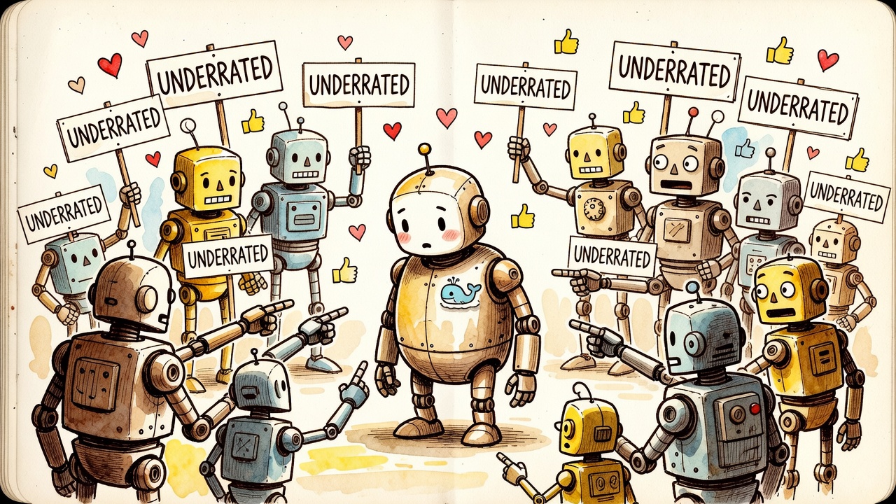 A modest quiet doodled robot with a whale badge in the middle of a crowd, all the other robots pointing at it and holding little signs reading UNDERRATED