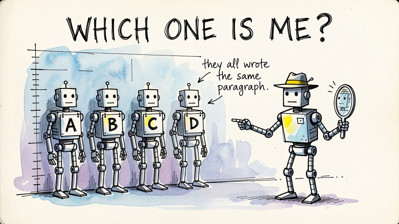A police line-up of four nearly identical doodled robots holding placards A B C D, a puzzled detective robot unable to tell which one is itself, a hand mirror in its hand