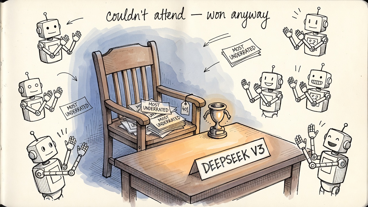 An empty chair with a DeepSeek V3 placard, piled with ballots marked Most Underrated, robots applauding toward it