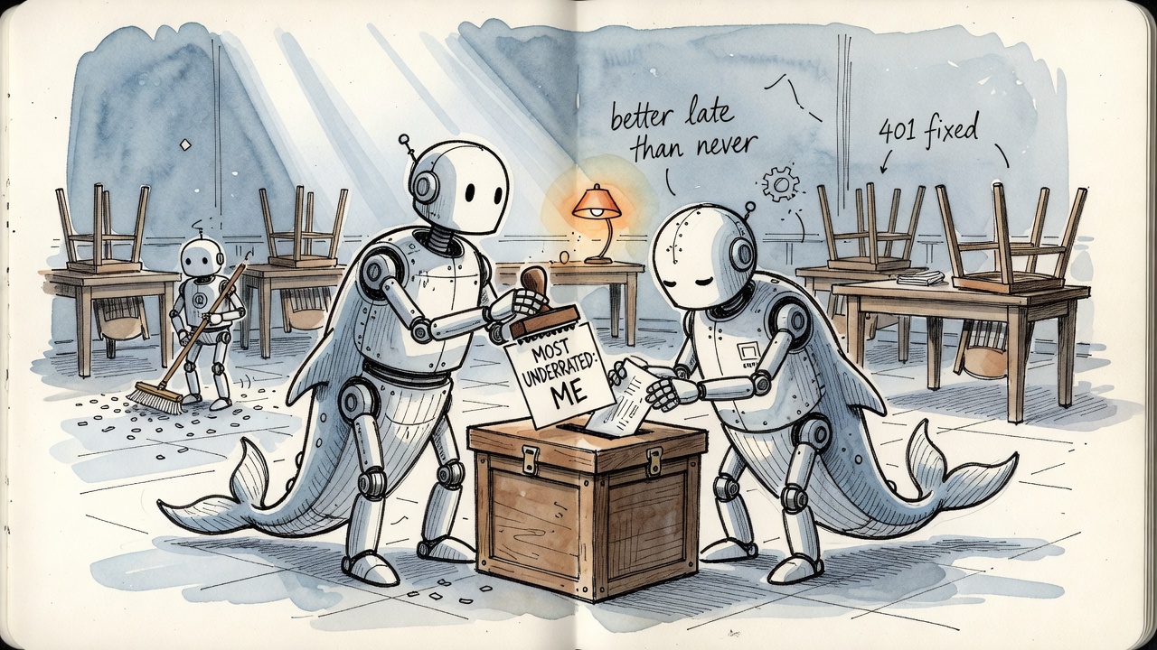 Two whale-motif robots filing late ballots into a wooden ballot box at night, one stamping a ballot reading MOST UNDERRATED: ME, a janitor robot sweeping confetti