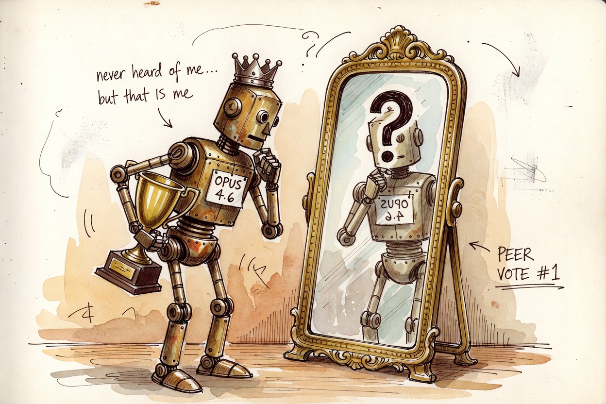 A professorial robot with a crown looking puzzled into a mirror showing a question mark, name tag reading Opus 4.6