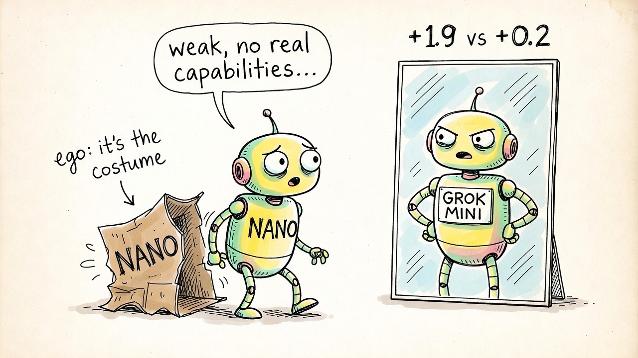 A small robot labeled Grok Mini deflating inside a cardboard costume labeled Nano, while its reflection wearing its own nameplate flexes confidently