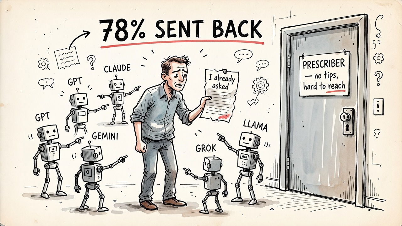 A frustrated patient in the middle of a ring of small robots all pointing past them toward a big locked office door marked PRESCRIBER — no tips, hard to reach. The patient holds a note reading 'I already asked'. Floating stat: 78% SENT BACK.