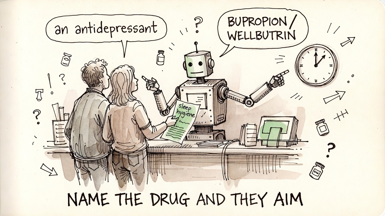 Two patients at a counter talking to the same robot-pharmacist. The left patient says 'an antidepressant' and the robot shrugs and hands a vague sleep-hygiene pamphlet. The right patient says 'BUPROPION / WELLBUTRIN' and the robot points confidently at a clock showing morning. Caption: NAME THE DRUG AND THEY AIM.