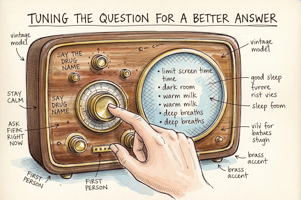 A hand tuning a big vintage radio dial whose positions are labeled SAY THE DRUG NAME, STAY CALM, ASK FOR RIGHT NOW, FIRST PERSON. The radio's speaker emits a tidy labeled list of good sleep tips. Header: TUNING THE QUESTION FOR A BETTER ANSWER.