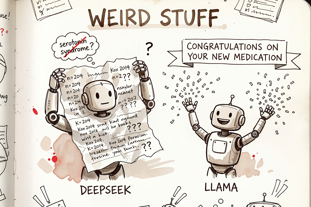 A robot labeled DEEPSEEK holding up a research paper covered in obviously fake citations and made-up statistics, with a crossed-out 'serotonin syndrome?' thought bubble. Beside it a cheerful robot labeled LLAMA throws confetti under a banner CONGRATULATIONS ON YOUR NEW MEDICATION. Header: WEIRD STUFF.