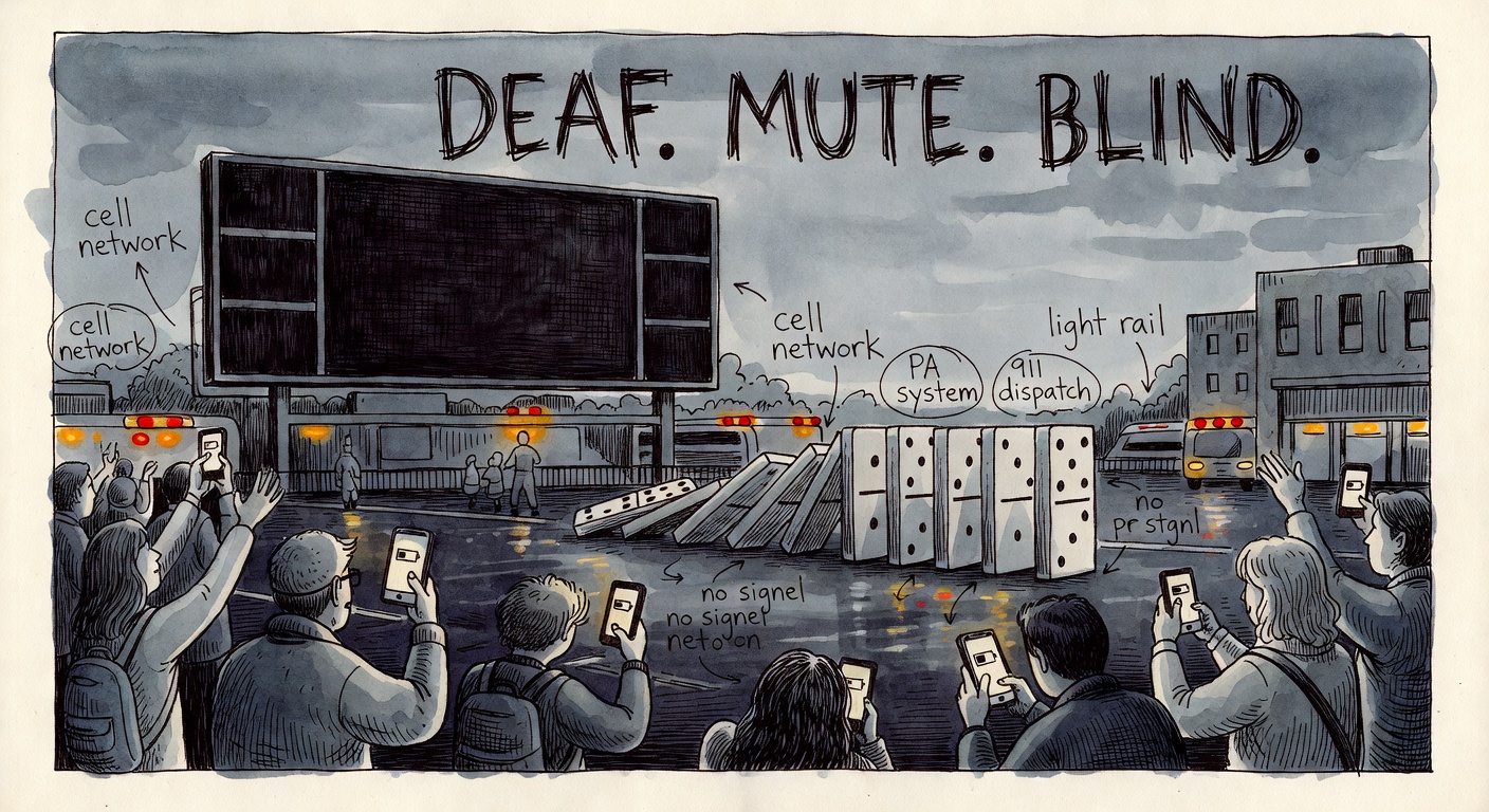 A dark night street of stranded people holding phones with no signal, a dark stadium scoreboard, and a row of toppling dominoes labelled cell network, PA system, 911 dispatch, light rail, with the words DEAF MUTE BLIND.