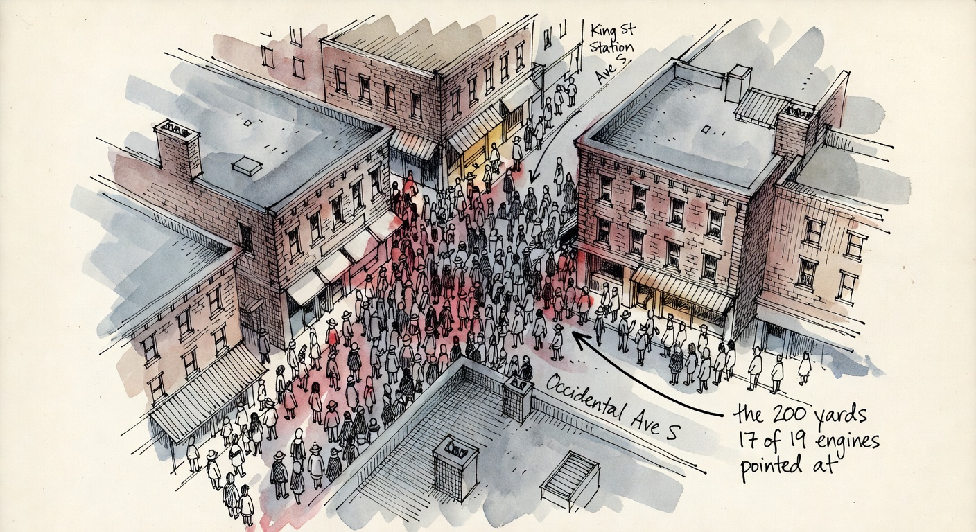 An overhead sketch of narrow Pioneer Square streets jammed with a crowd squeezing toward a bottleneck, labelled 'the 200 yards 17 of 19 engines pointed at'.