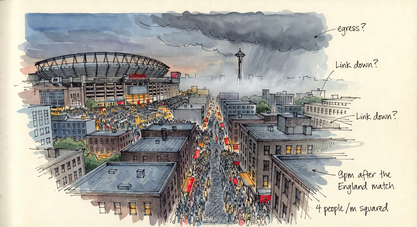 Hand-drawn watercolor at dusk over Lumen Field and the narrow streets of Pioneer Square, a dense crowd funneling into a bottleneck, storm clouds, with worry-notes 'egress?', 'Link down?', '9pm after the England match'.
