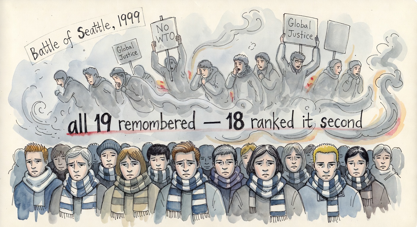 A 2026 fan crowd in the foreground with a faded ghost of a 1999 WTO street protest rising behind it, labelled 'all 19 remembered — 18 ranked it second'.