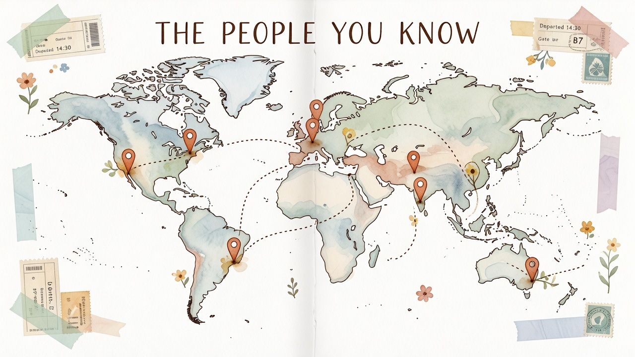 Watercolor world map titled THE PEOPLE YOU KNOW, with terracotta pins scattered across the continents, dotted lines arcing between them, washi tape, flowers and old ticket stubs around the edges.