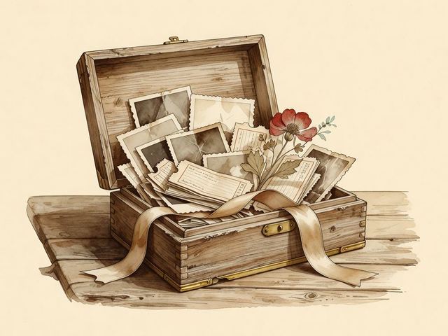 An open wooden keepsake box holding photographs, tickets and a ribbon.