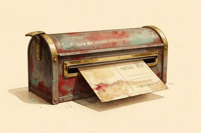 A postcard being posted into a cast-iron mailbox.