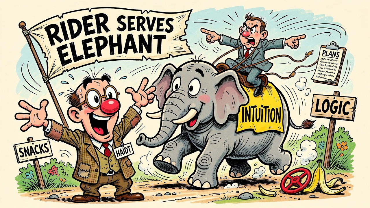 Cartoon panel: The Rider and the Elephant