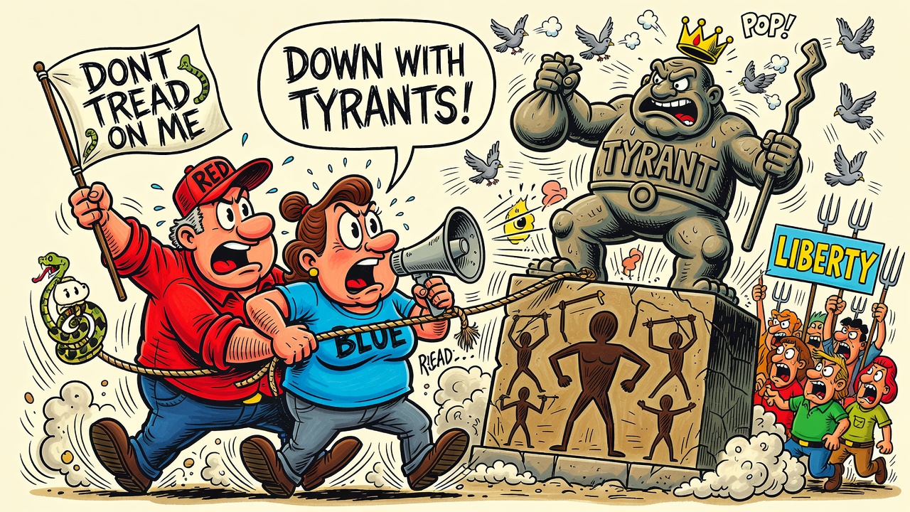 Cartoon panel: Liberty / Oppression