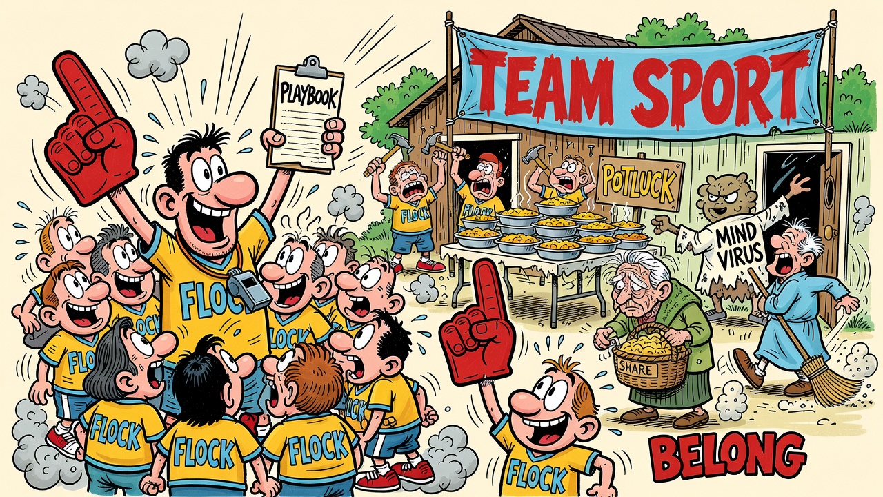 Cartoon panel: Religion as Team Sport