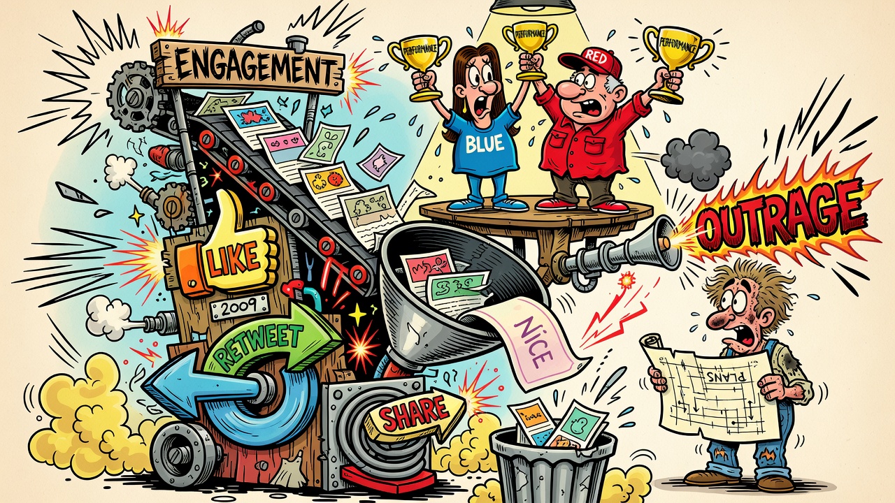 Cartoon panel: The Outrage Machine